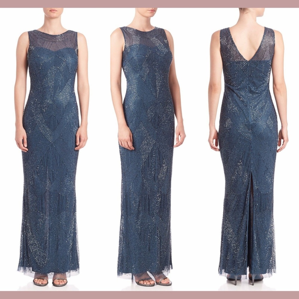 NWT $485 Aidan Mattox [ 2 US ] Riviera Beaded Illusion Top‎ Gown in Blue
